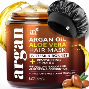 Hair Mask   Silk Bonnet for Sleeping Women Set - Deep Conditioner & Leave-In Conditioner for Dry, Damaged Hair - Argan Oil, Jojoba, Aloe & Keratin - Satin Bonnet for Sleeping, Repair & Hydrate (8 oz)