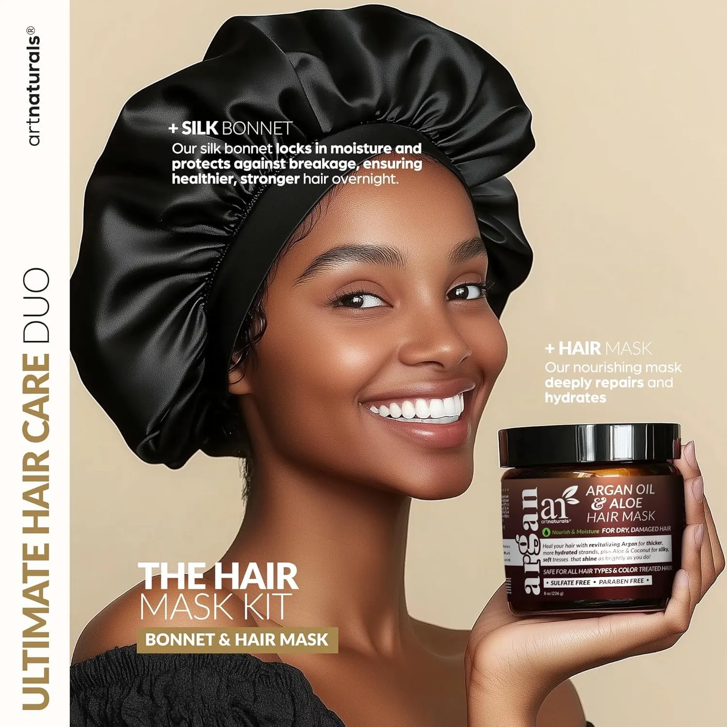 Hair Mask   Silk Bonnet for Sleeping Women Set - Deep Conditioner & Leave-In Conditioner for Dry, Damaged Hair - Argan Oil, Jojoba, Aloe & Keratin - Satin Bonnet for Sleeping, Repair & Hydrate (8 oz)