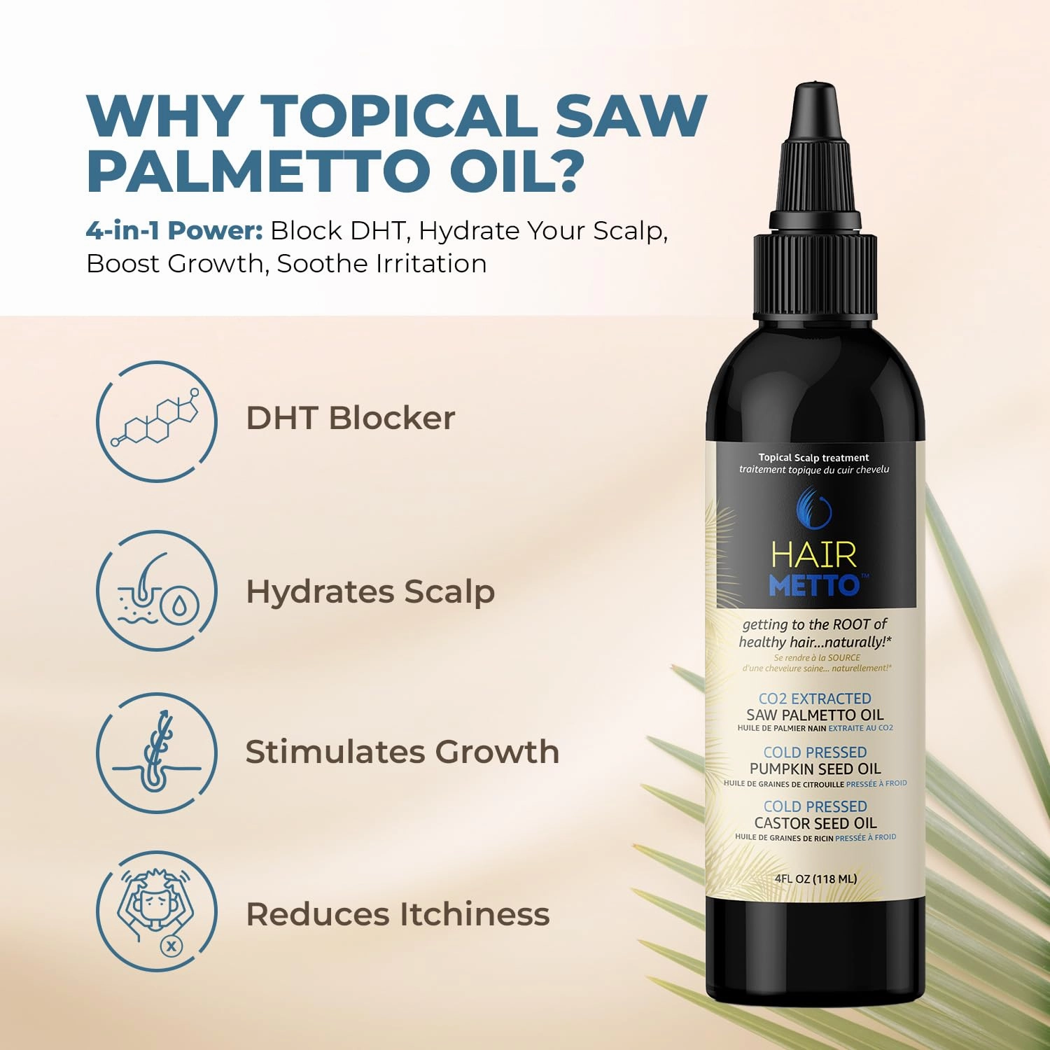 HAIRMETTO® Topical Saw Palmetto and Pumpkin Seed Oil Extract for Hair Loss, Strengthens Hair Roots, Soothes Dry Scalp, with Rosemary, Castor Oil, and Lavender Scent, 4oz Bottle