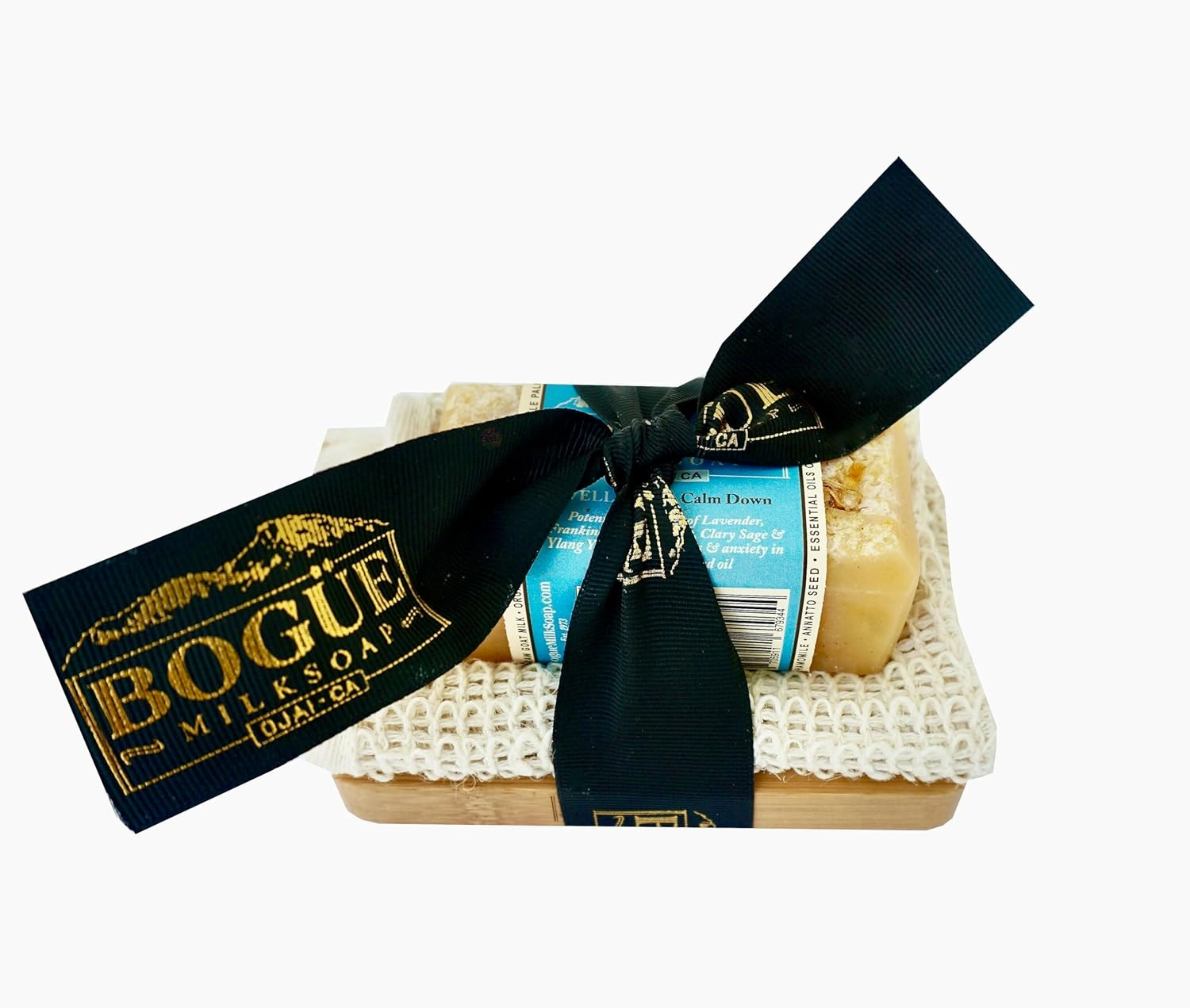 Handmade Goat Milk Soap Giftset- BOGUE No.34 WELLNESS Calm Down blend with essential oils of Lavender, Frankincense, Clary Sage & Calming Chamomile to help reduce stress, sisal cloth & wood dish