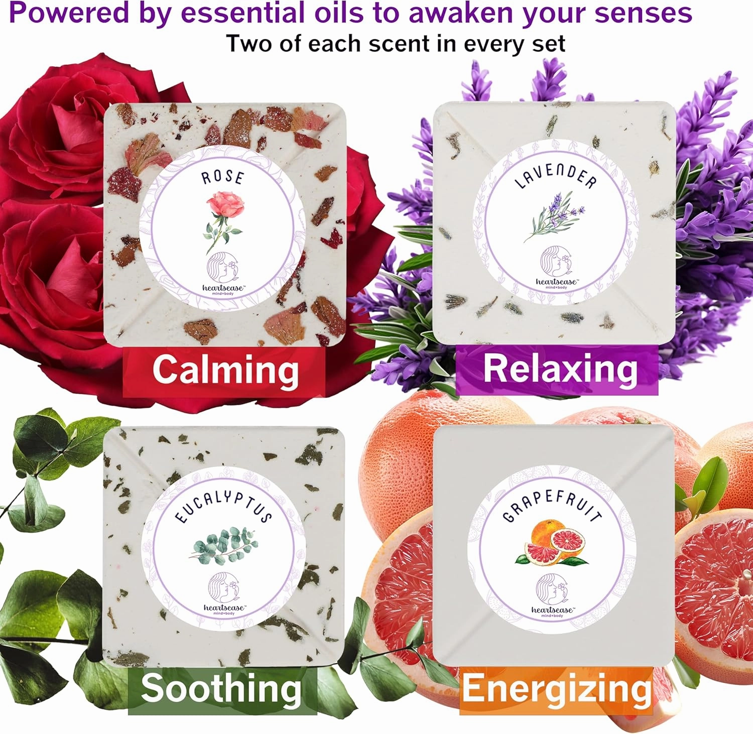 Heartsease Shower Steamers 8-Pack Long Lasting Aromatherapy Rose, Lavender, Eucalyptus, Grapefruit; Everyday Home Spa