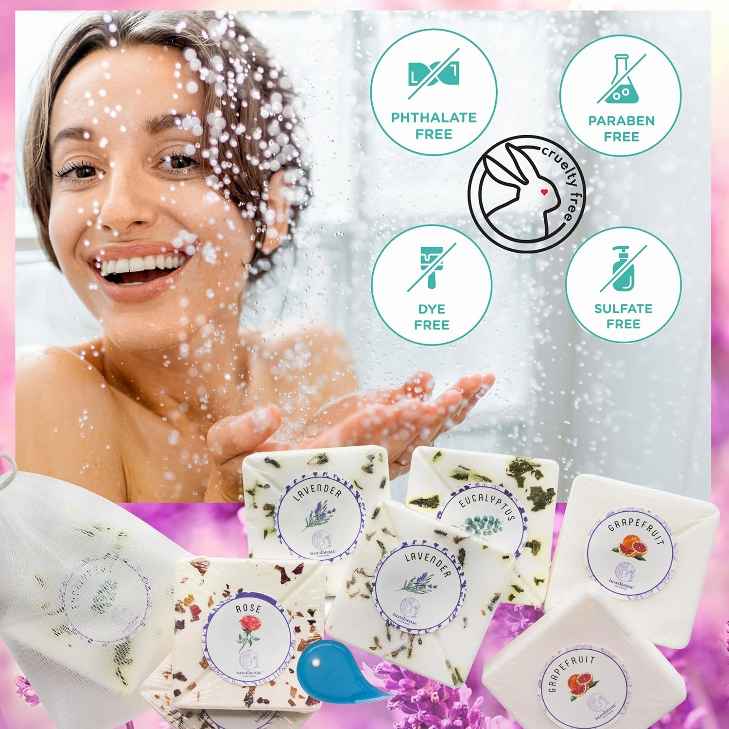 Heartsease Shower Steamers 8-Pack Long Lasting Aromatherapy Rose, Lavender, Eucalyptus, Grapefruit; Everyday Home Spa