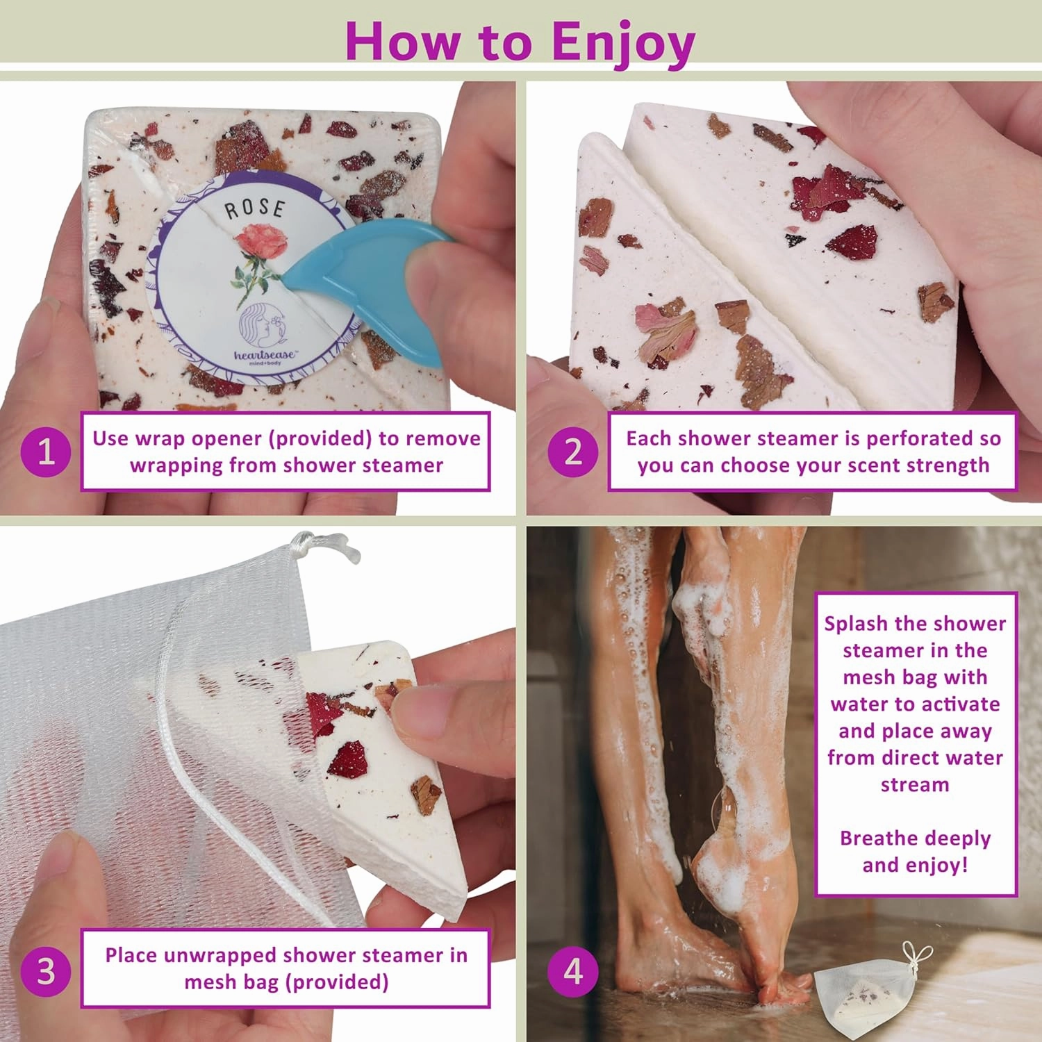 Heartsease Shower Steamers 8-Pack Long Lasting Aromatherapy Rose, Lavender, Eucalyptus, Grapefruit; Everyday Home Spa