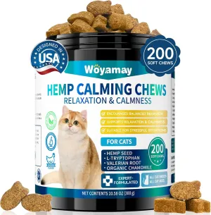 Hemp Cat Calming Treats, 200 Treats Calming Chews for Cats for Anxiety & Stress Relief, Calming Treats for Cats with Hemp Oil, Melatonin Cat Calming Chews for Stress | Sleep | Separation