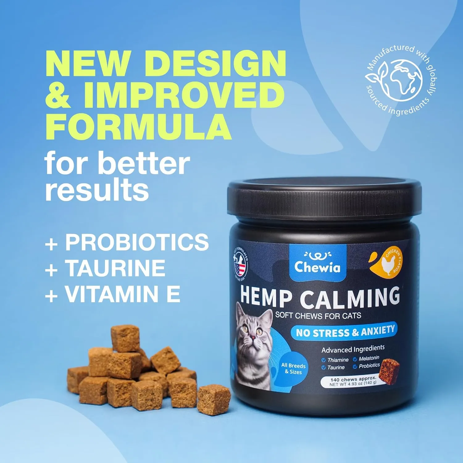 Hemp Cat Calming Treats - Probiotic Melatonin Soft Chews for Cat Anxiety Relief with Hemp Seed Oil - Calming Chews for Stress, Storms, Travel, Grooming, Separation Anxiety - Behavioural Support