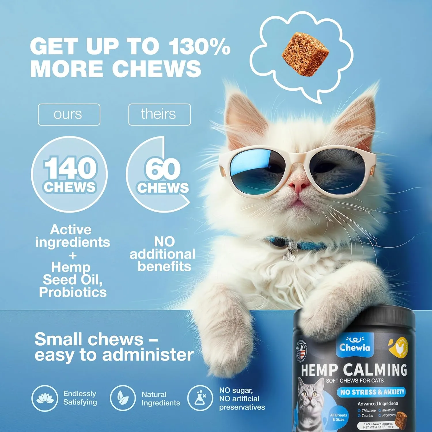 Hemp Cat Calming Treats - Probiotic Melatonin Soft Chews for Cat Anxiety Relief with Hemp Seed Oil - Calming Chews for Stress, Storms, Travel, Grooming, Separation Anxiety - Behavioural Support