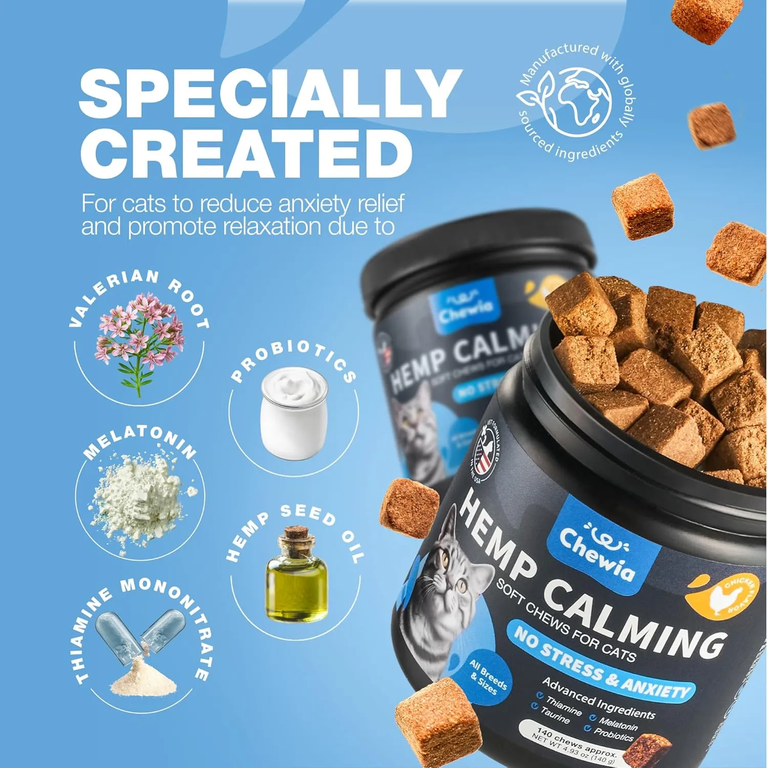 Hemp Cat Calming Treats - Probiotic Melatonin Soft Chews for Cat Anxiety Relief with Hemp Seed Oil - Calming Chews for Stress, Storms, Travel, Grooming, Separation Anxiety - Behavioural Support