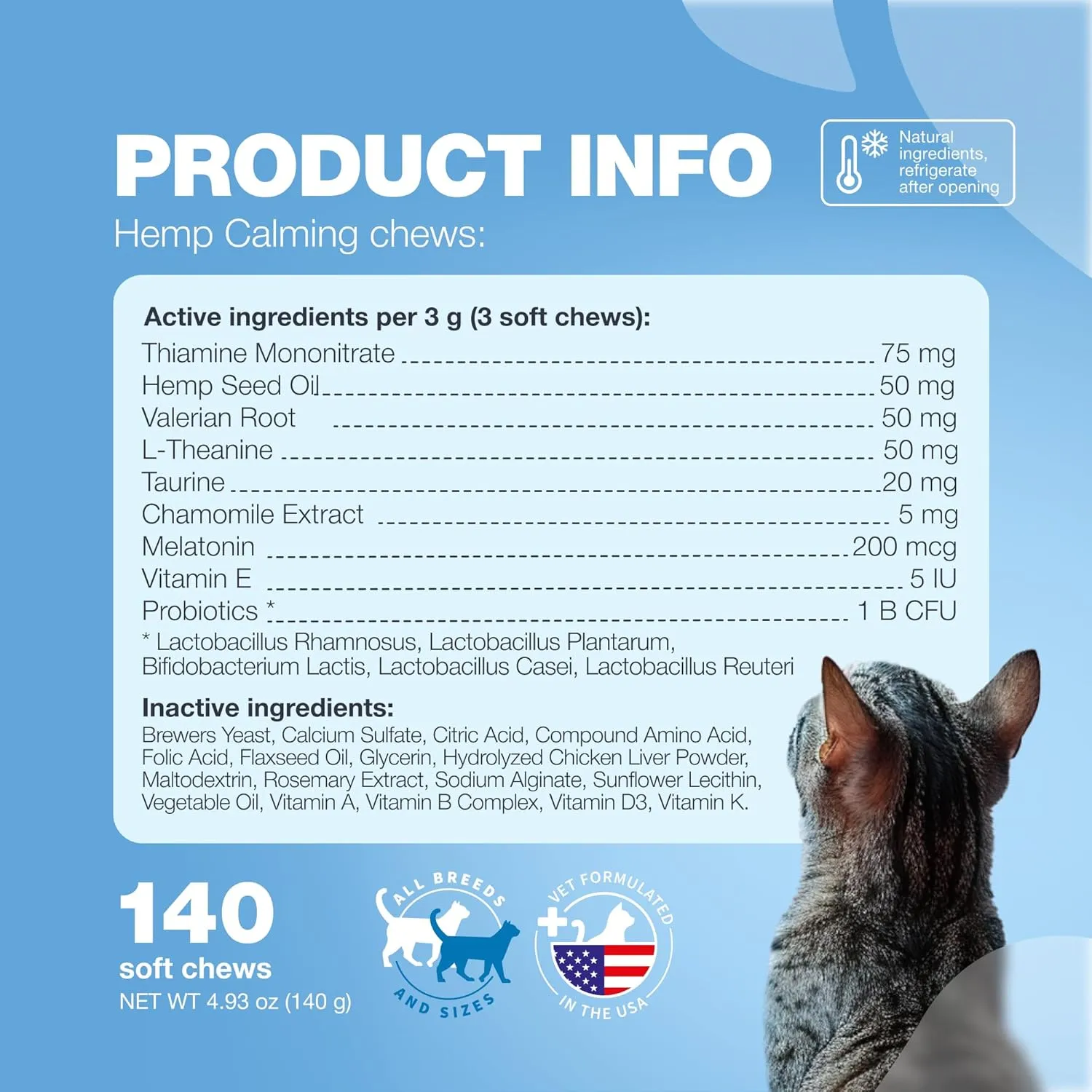 Hemp Cat Calming Treats - Probiotic Melatonin Soft Chews for Cat Anxiety Relief with Hemp Seed Oil - Calming Chews for Stress, Storms, Travel, Grooming, Separation Anxiety - Behavioural Support