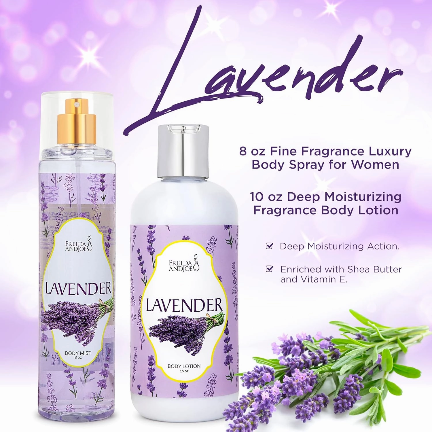Home Spa Gift 10oz Deep Moisturizing Fragrance Body Lotion & 8 oz. Fine Fragrance Body Mist Set Luxury Self-Care Combo for Women and Girls (Lavender)