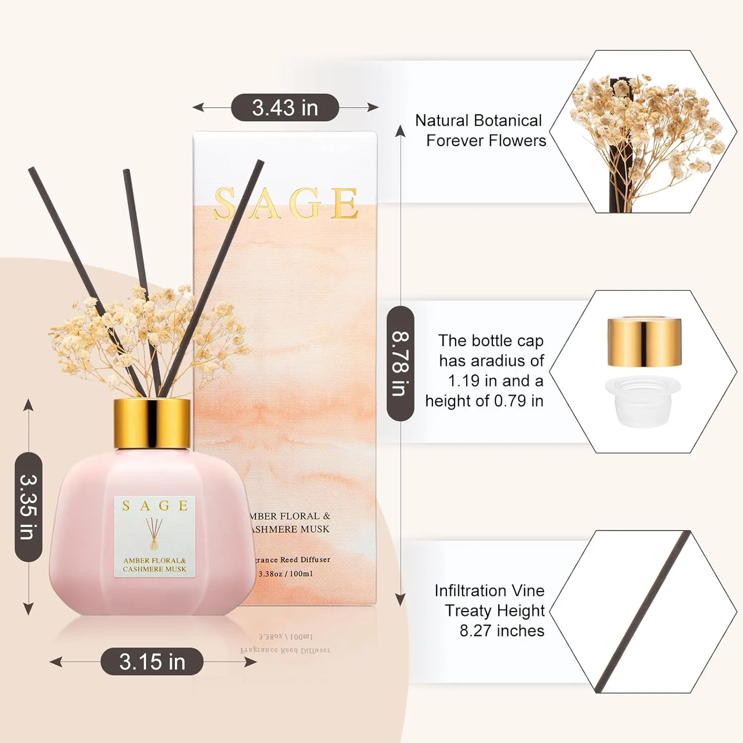 Hotel Reed Diffuser - Inspired Shangri-La Room Scent | 3.4oz Lavender & Cashmere Musk Scent Diffusers for Home | Preserved Flower & Oil Diffuser Sticks | Nightstand or Bathroom Decor for Shelves