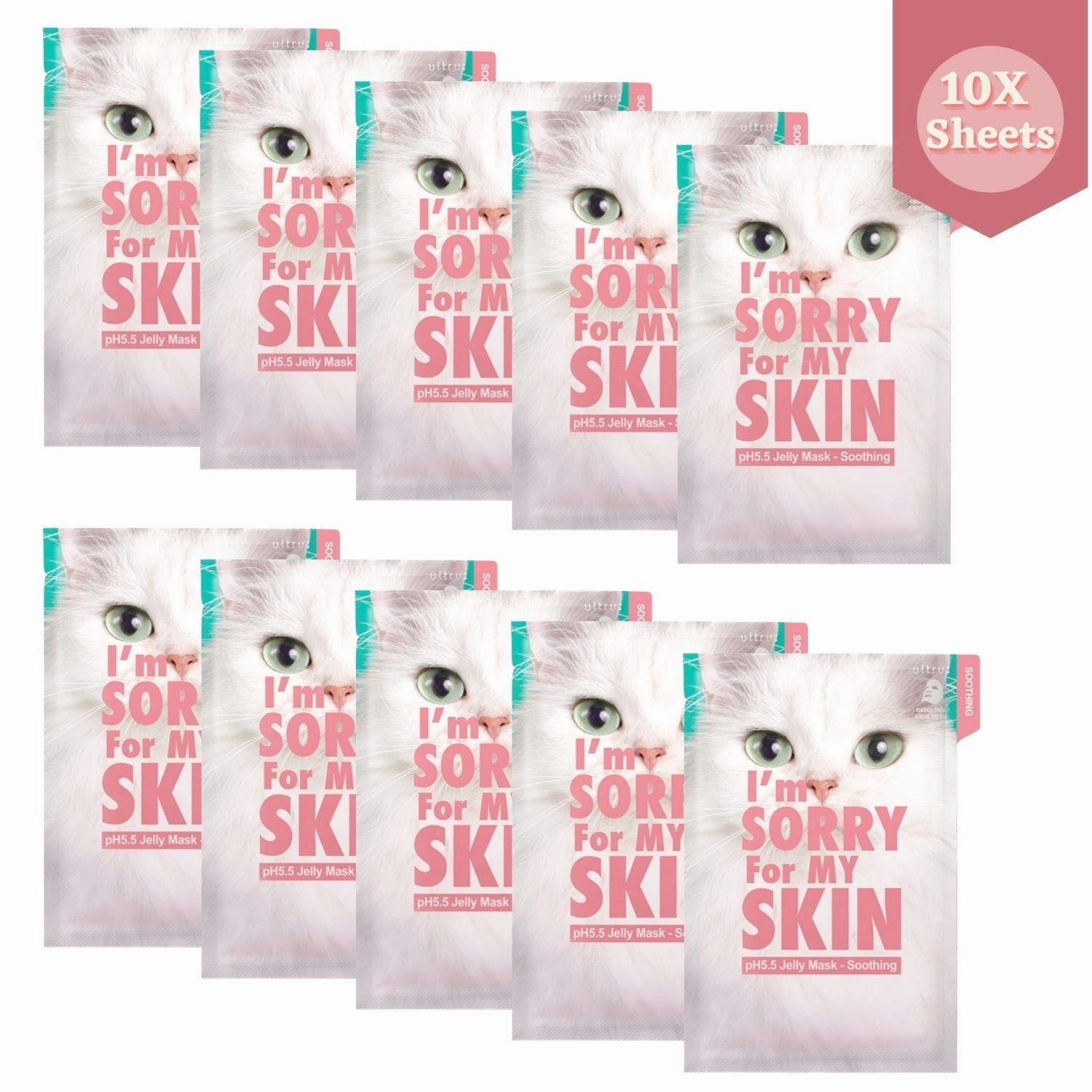 I'M SORRY FOR MY SKIN pH5.5 Jelly Face Mask Skin Care Set, Korean Skin Care Hydrating Masks, Self Care Items Beauty Gifts for Women, Pack of 10 (Soothing Fasial Mask - Cat)