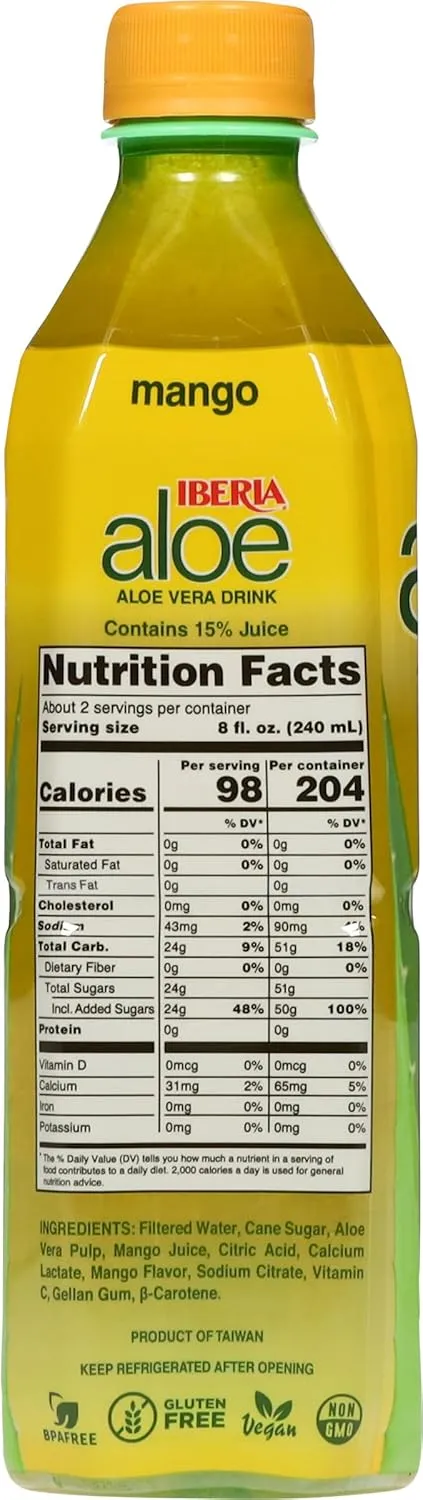 Iberia Aloe Vera Drink With Aloe Vera Pulp, Mango, 16.9 Fl Oz (Pack of 8)