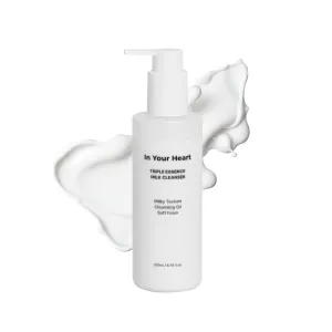 In Your Heart Triple Essence Milk Cleanser – 3-in-1 Milky to Oil to Foam Cleanser & Makeup Remover | Hyaluronic Acid, Galactomyces, Chamomile | Korean Skincare, 200ml / 6.76 fl oz