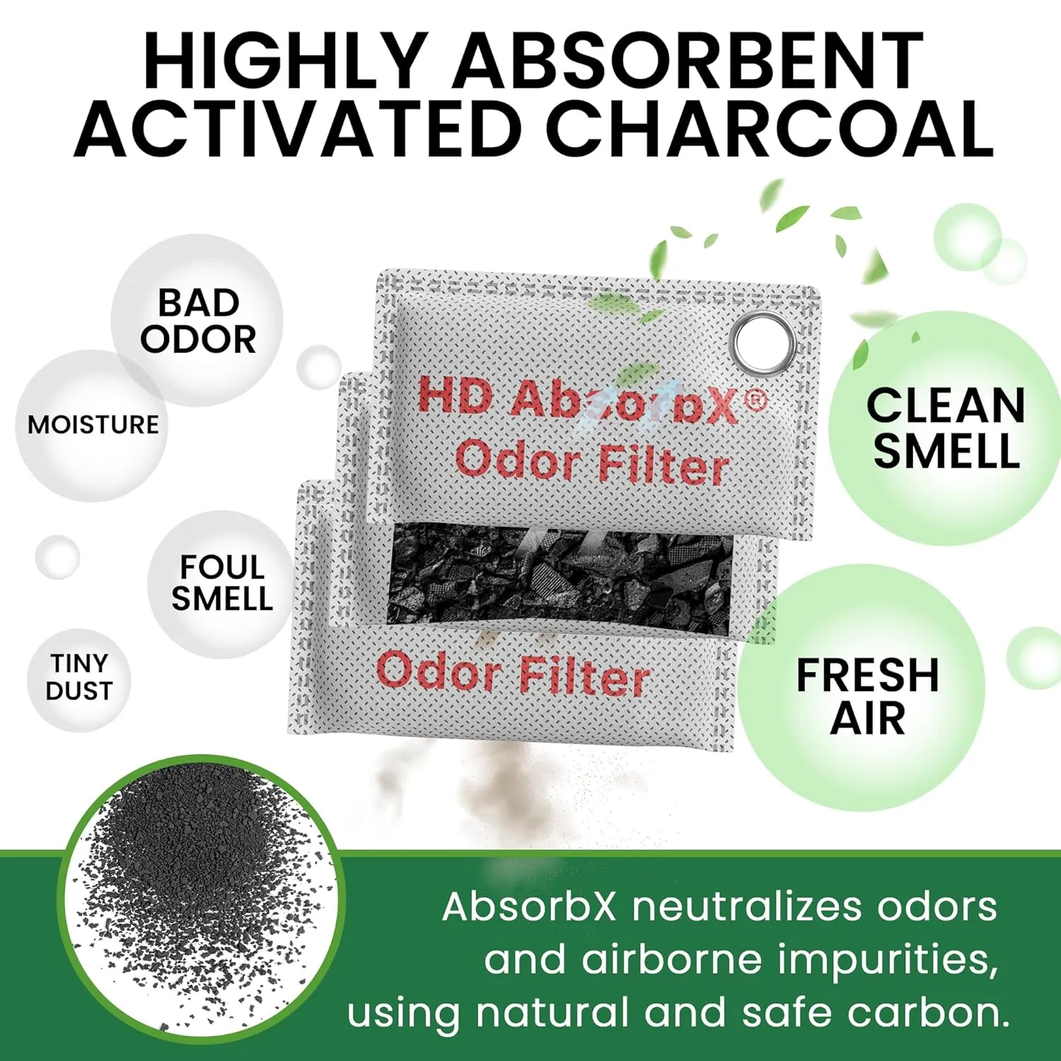 iTouchless AbsorbX High-Density Charcoal Air Purifying Bags 3-Pack – Bamboo Activated Charcoal Odor Eliminators for Home, Car, Closet, Pet Areas – Fragrance-Free, Long-Lasting Freshness