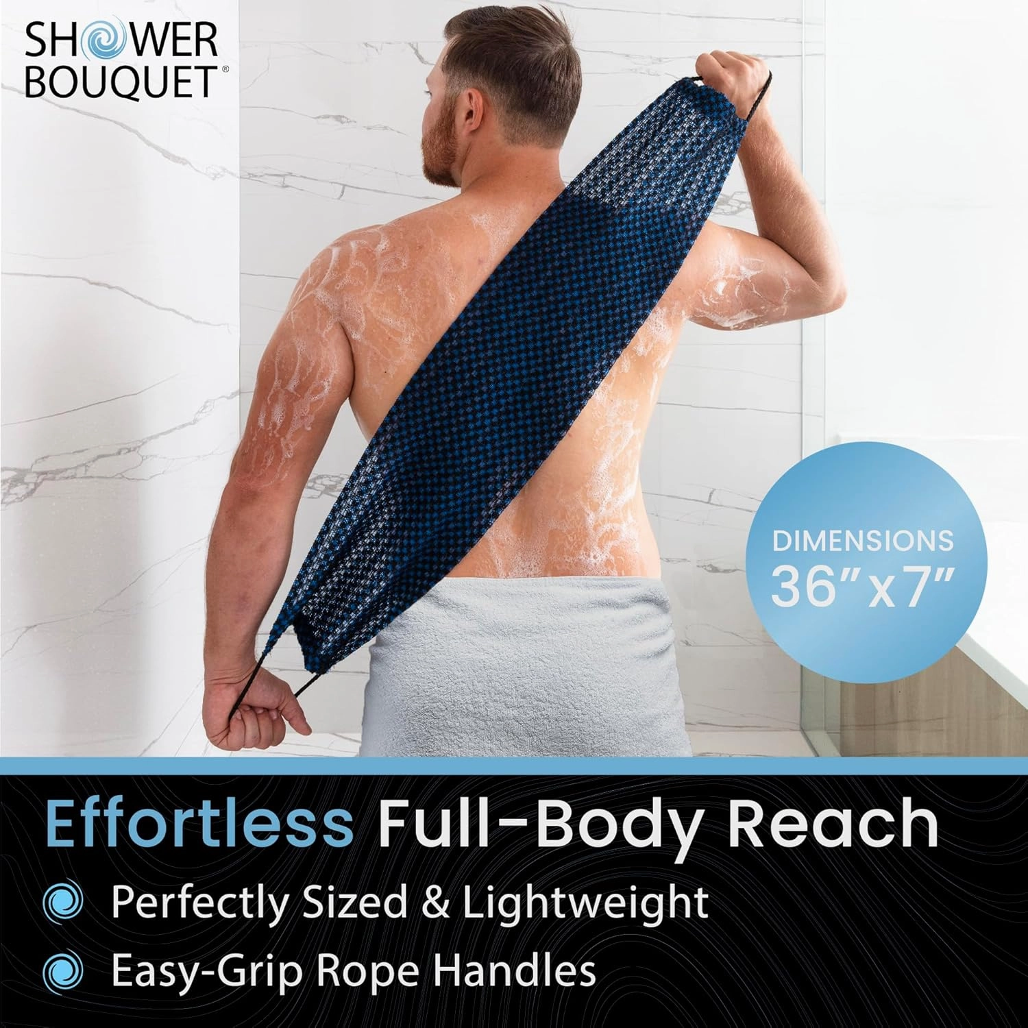 Japanese Exfoliating Washcloth for Back & Body 2-Pack - Charcoal & Silver Ion Exfoliating Towel with Handles - Two-Sided Gentle Exfoliation & Deep Cleanse Body Wash Cloths for Shower - 1 White, 1 Blue