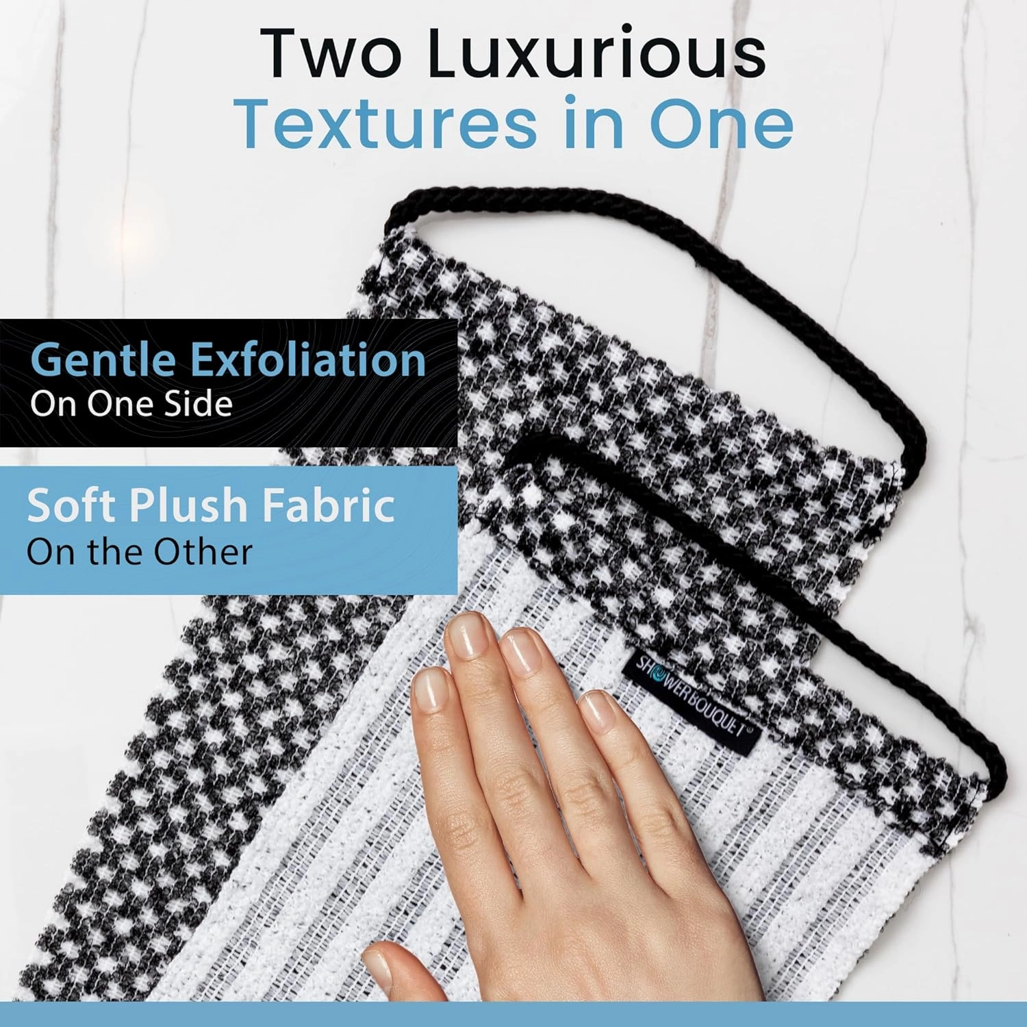 Japanese Exfoliating Washcloth for Back & Body 2-Pack - Charcoal & Silver Ion Exfoliating Towel with Handles - Two-Sided Gentle Exfoliation & Deep Cleanse Body Wash Cloths for Shower - 1 White, 1 Blue