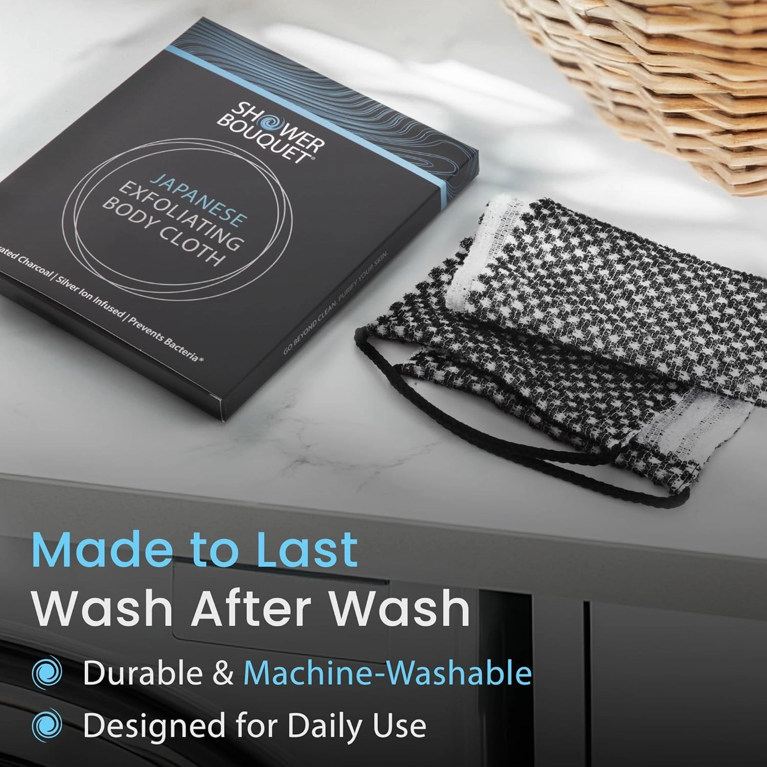 Japanese Exfoliating Washcloth for Back & Body 2-Pack - Charcoal & Silver Ion Exfoliating Towel with Handles - Two-Sided Gentle Exfoliation & Deep Cleanse Body Wash Cloths for Shower - 1 White, 1 Blue