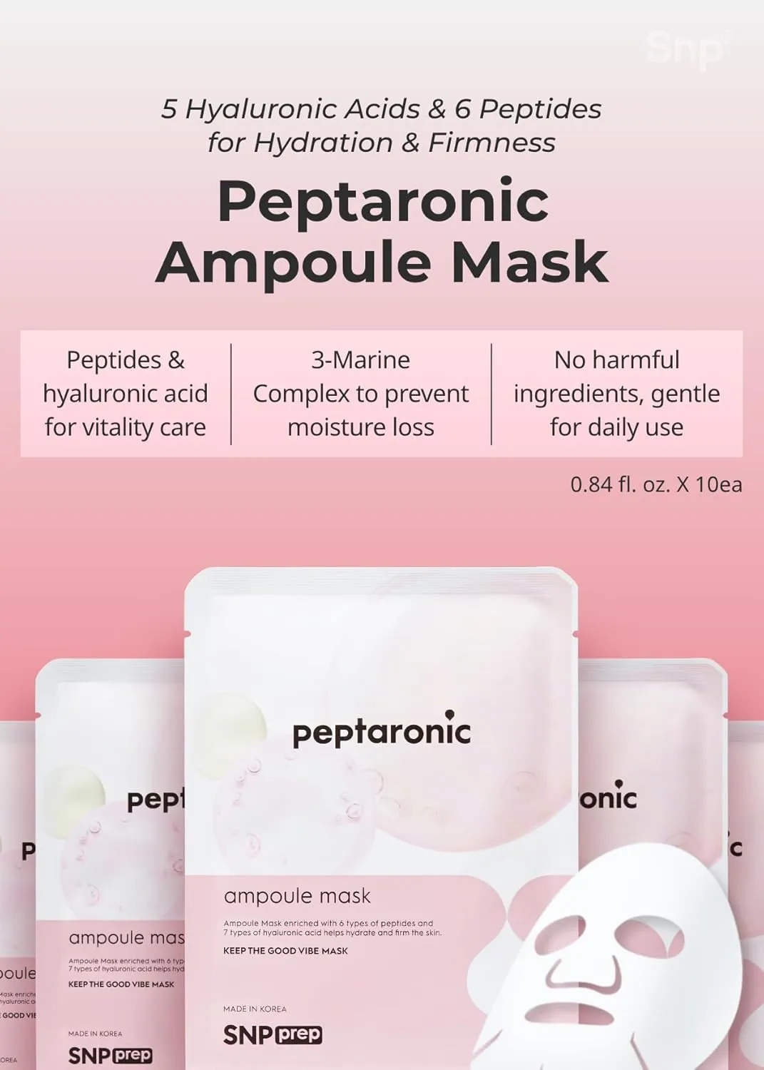 [K Beauty Snp] Peptaronic Ampoule Sheet Mask | Peptide and Hyaluronic Acid Sheet Mask | Hydrating, Moisturizing, and Friming for Dry Skin Types | Korean Skin Care Facial Mask | 10 Sheets