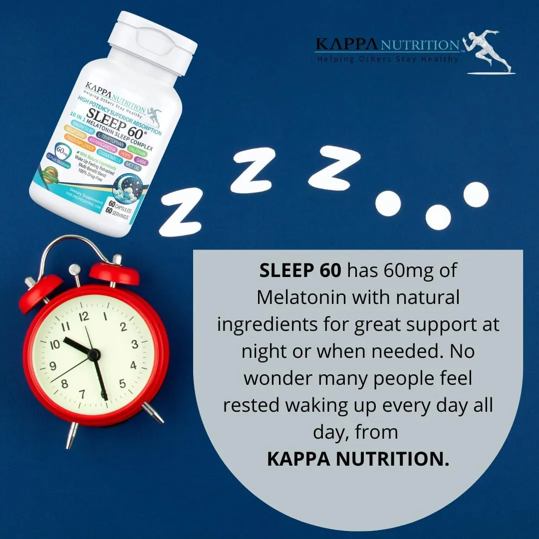 KAPPA NUTRITION Sleep 60, Sleep Aid, 60mg of Melatonin, 60-Day Supply, Non-Habit Forming Vegan Capsules Natural Ingredients for Easier Bedtime, Herbal Supplement, Valerian Root, Chamomile Non-GMO