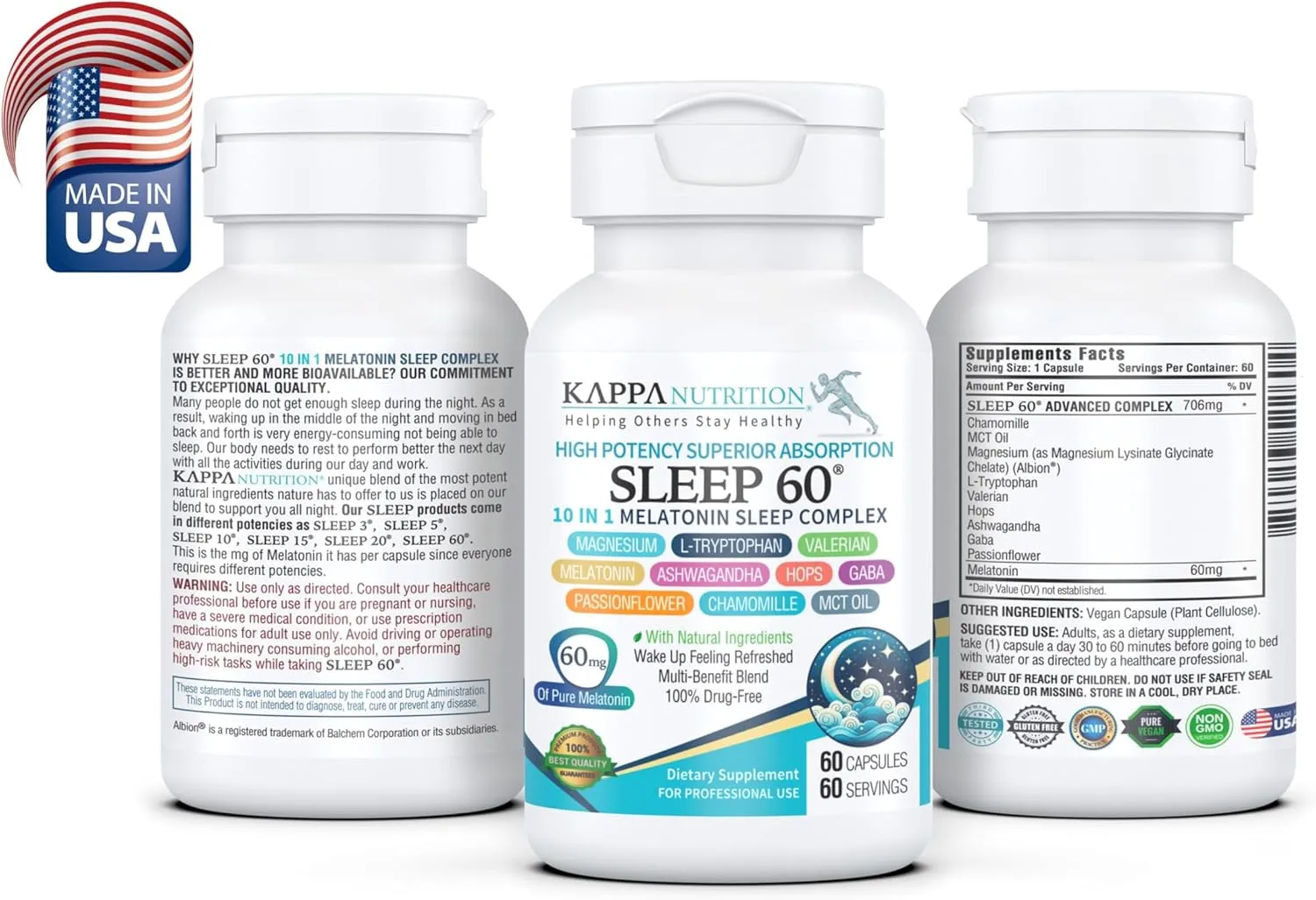 KAPPA NUTRITION Sleep 60, Sleep Aid, 60mg of Melatonin, 60-Day Supply, Non-Habit Forming Vegan Capsules Natural Ingredients for Easier Bedtime, Herbal Supplement, Valerian Root, Chamomile Non-GMO