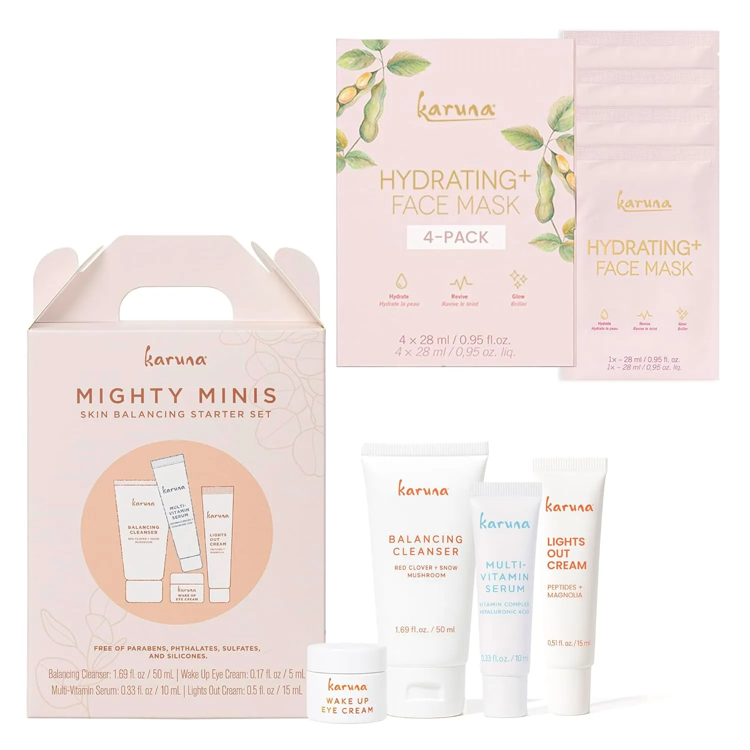 Karuna Mighty Minis Starter Set with Hydrating  Face Mask 4-Pack, Moisture-Boosting Skincare Duo for Soft, Smooth, and Replenished Skin