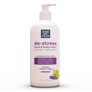 Kiss My Face De-Stress Hand & Body Lotion Lavender   Ylang Ylang - Cruelty-Free and Vegan Lotion for Dry Skin - 16 oz Bottle with Pump (Lavender & Ylang Ylang, Pack of 1)