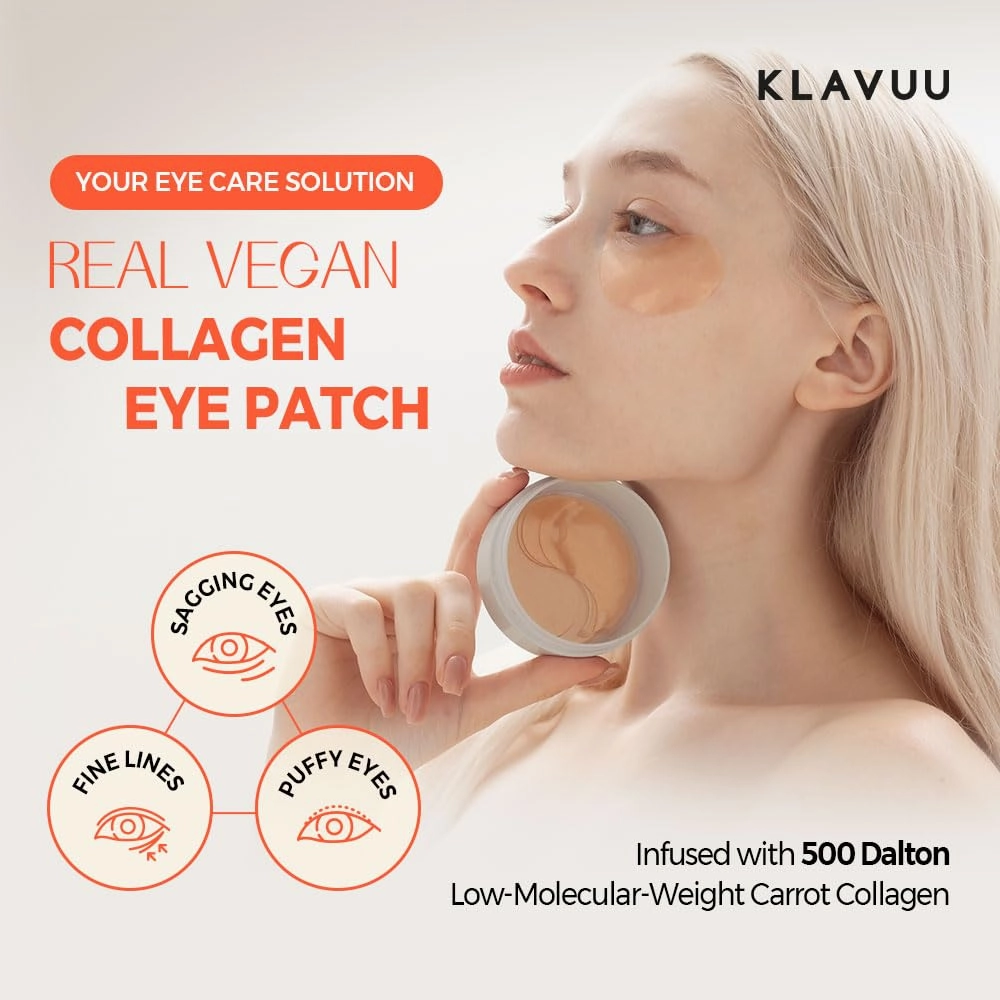 KLAVUU Real Vegan Collagen Eye Patches (60 Patches) - Korean Overnight Under Eye Mask for Puffy, Sagging Eyes, Fine Lines & Wrinkles | Elasticity Boost with Low-Molecular Carrot Collagen (500 Daltons)