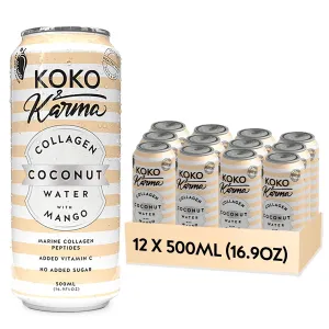 Koko & Karma – Pure Coconut Water with Marine Collagen Peptides & Mango Refreshing Taste with No Added Sugar or Preservatives – 12 Pack – 16.9 Ounce Cans