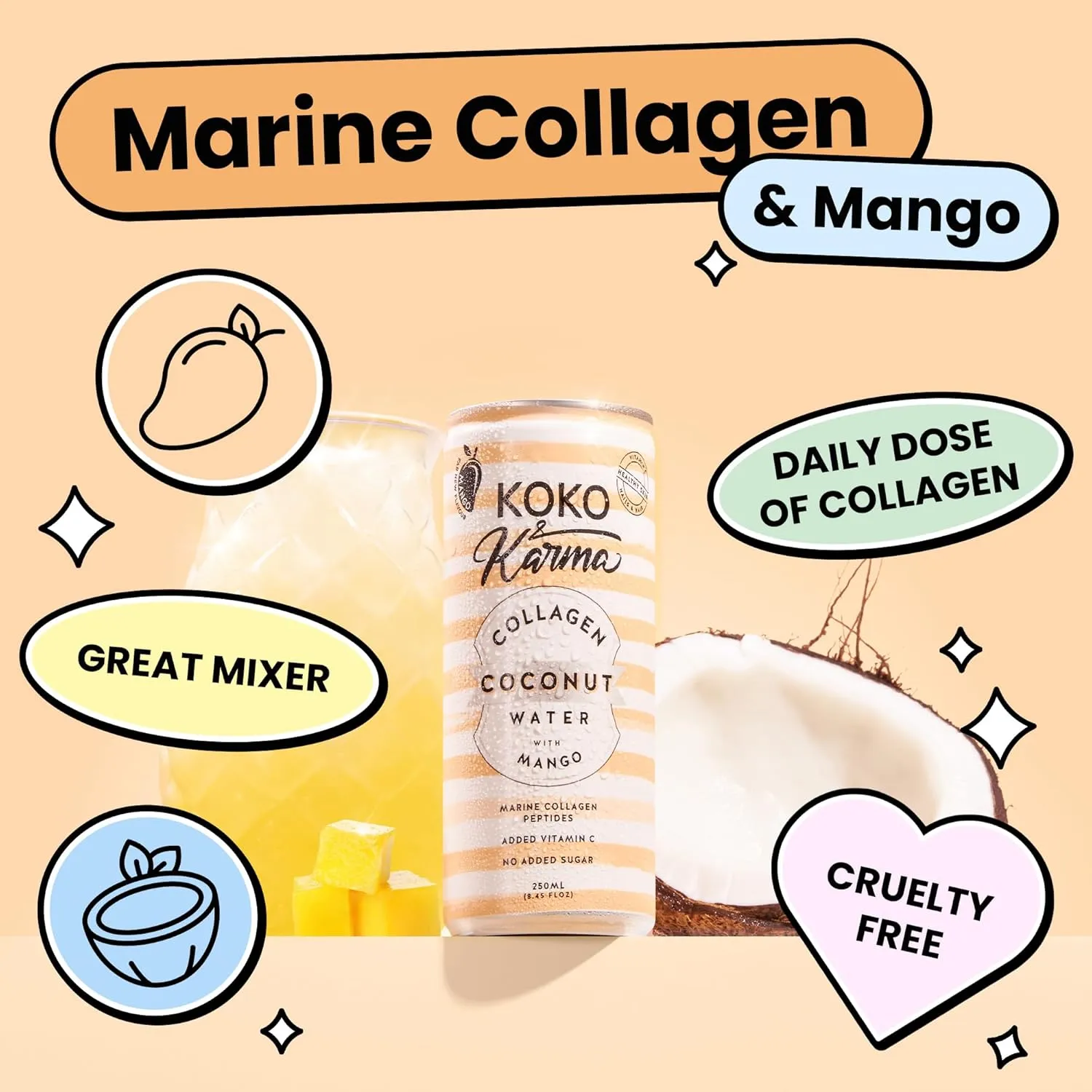 Koko & Karma – Pure Coconut Water with Marine Collagen Peptides & Mango Refreshing Taste with No Added Sugar or Preservatives – 12 Pack – 16.9 Ounce Cans