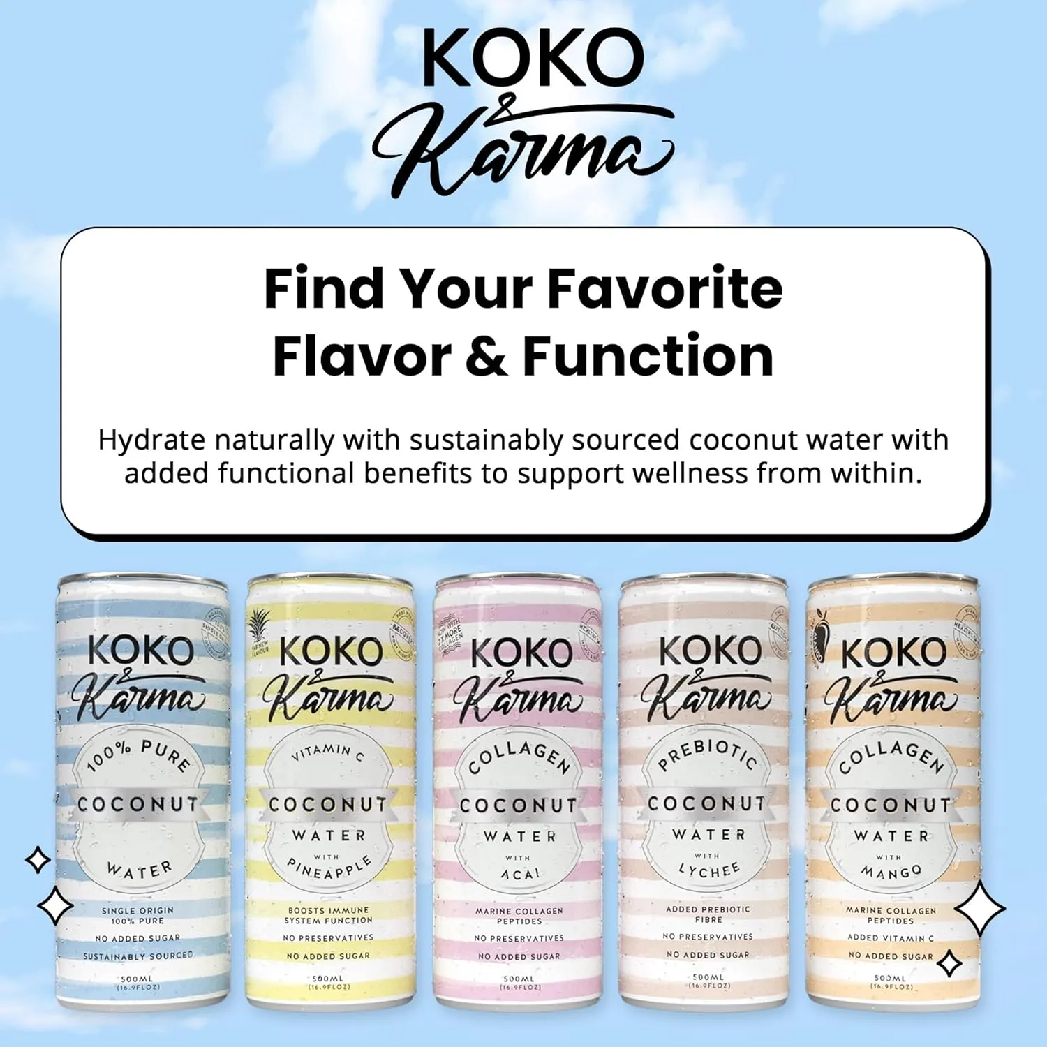 Koko & Karma – Pure Coconut Water with Marine Collagen Peptides & Mango Refreshing Taste with No Added Sugar or Preservatives – 12 Pack – 16.9 Ounce Cans