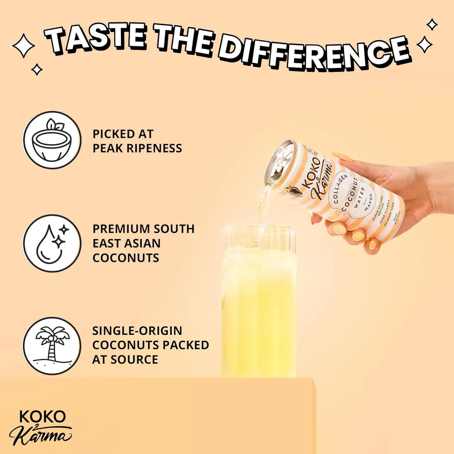 Koko & Karma – Pure Coconut Water with Marine Collagen Peptides & Mango Refreshing Taste with No Added Sugar or Preservatives – 12 Pack – 16.9 Ounce Cans