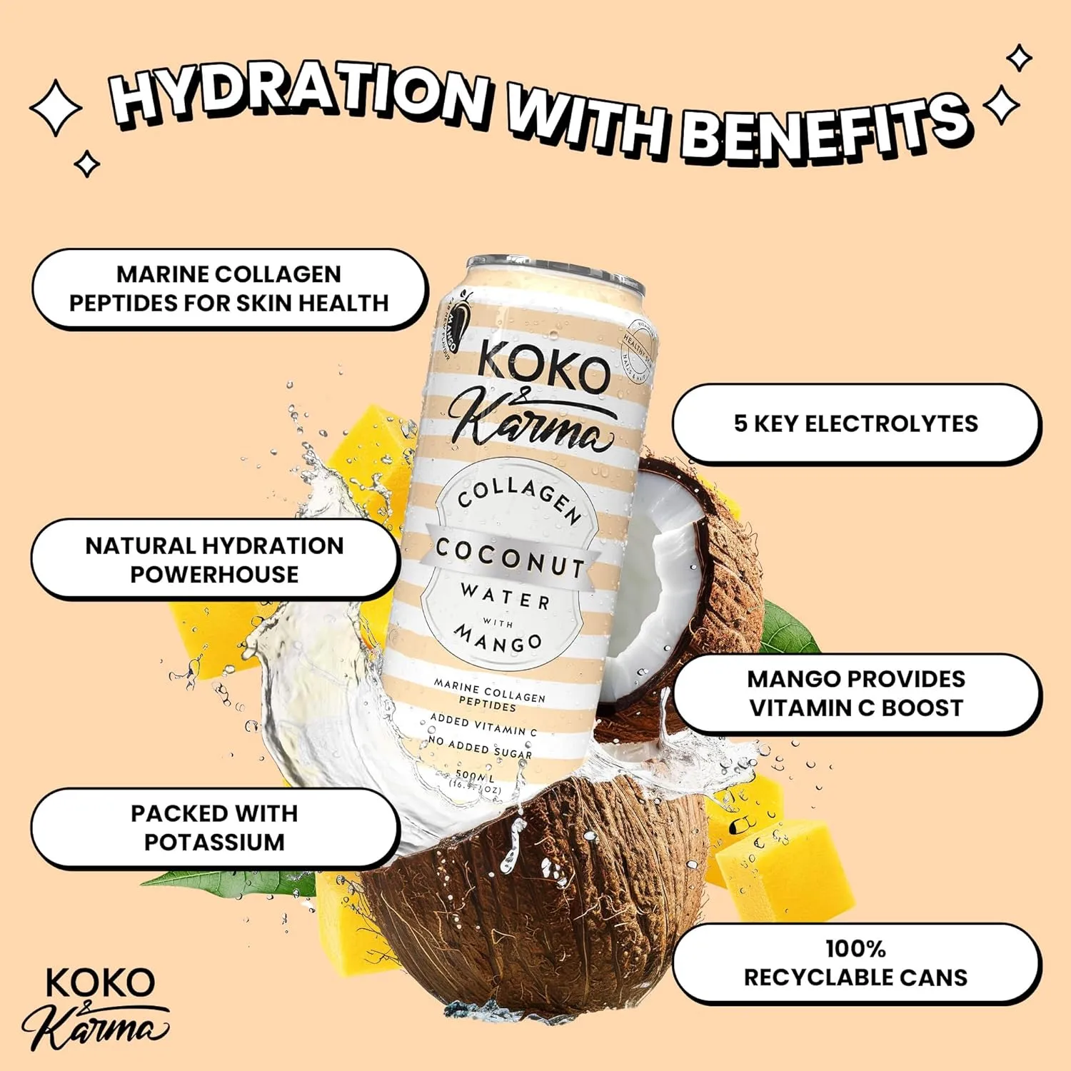 Koko & Karma – Pure Coconut Water with Marine Collagen Peptides & Mango Refreshing Taste with No Added Sugar or Preservatives – 12 Pack – 16.9 Ounce Cans