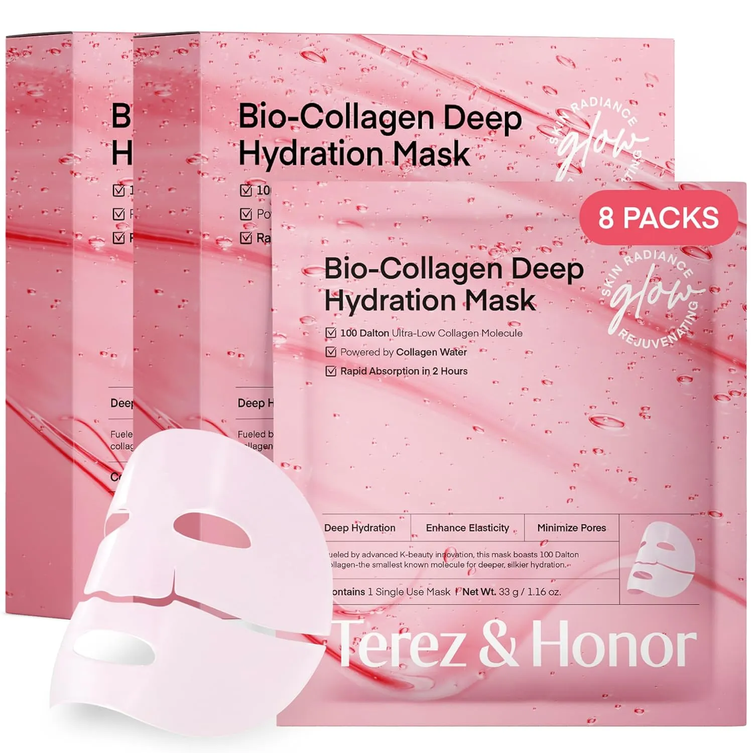 Korean Collagen Face Mask Overnight: 8 ea x 33g 100 Dalton Ultra Low Bio Collagen Gel Mask for Glass Glow Skin, Deep Hydration, Anti-Wrinkle & Fine Lines, Pore Minimizing, Facial Elasticity & Firming