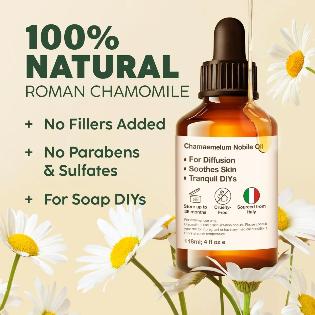 Kukka Roman Chamomile Essential Oil for Relaxation Diffuser, Skin & Body - 4 Fl Oz - 100% Pure Natural, for Aromatherapy & Soap Making Scent DIY