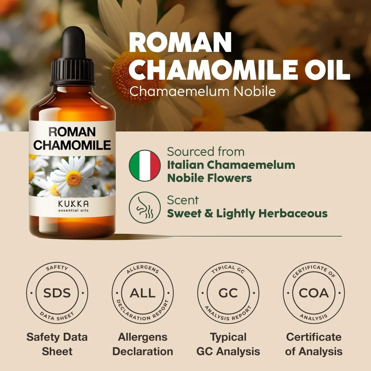 Kukka Roman Chamomile Essential Oil for Relaxation Diffuser, Skin & Body - 4 Fl Oz - 100% Pure Natural, for Aromatherapy & Soap Making Scent DIY
