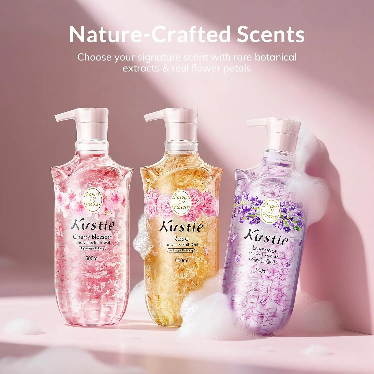 Kustie Lavender Anti-Microbial Body Wash, Natural Petals & Essential Oils, 24H Fragrance & Deep Moisturizing, Relaxing & Anti-Allergic Cleanse Shower Gel for Sensitive & Dry Skin, 16.9 Fl Oz