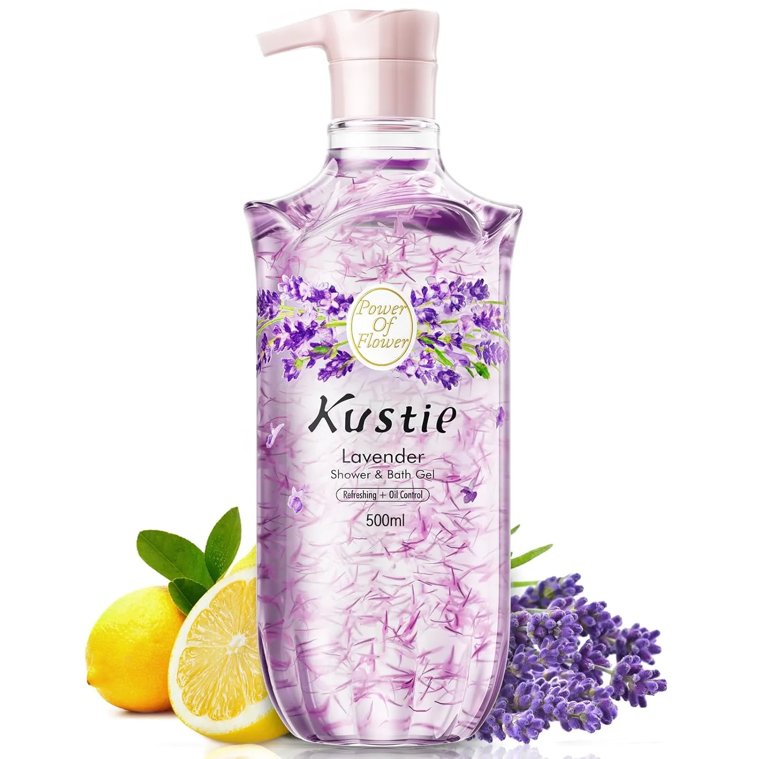 Kustie Lavender Anti-Microbial Body Wash, Natural Petals & Essential Oils, 24H Fragrance & Deep Moisturizing, Relaxing & Anti-Allergic Cleanse Shower Gel for Sensitive & Dry Skin, 16.9 Fl Oz