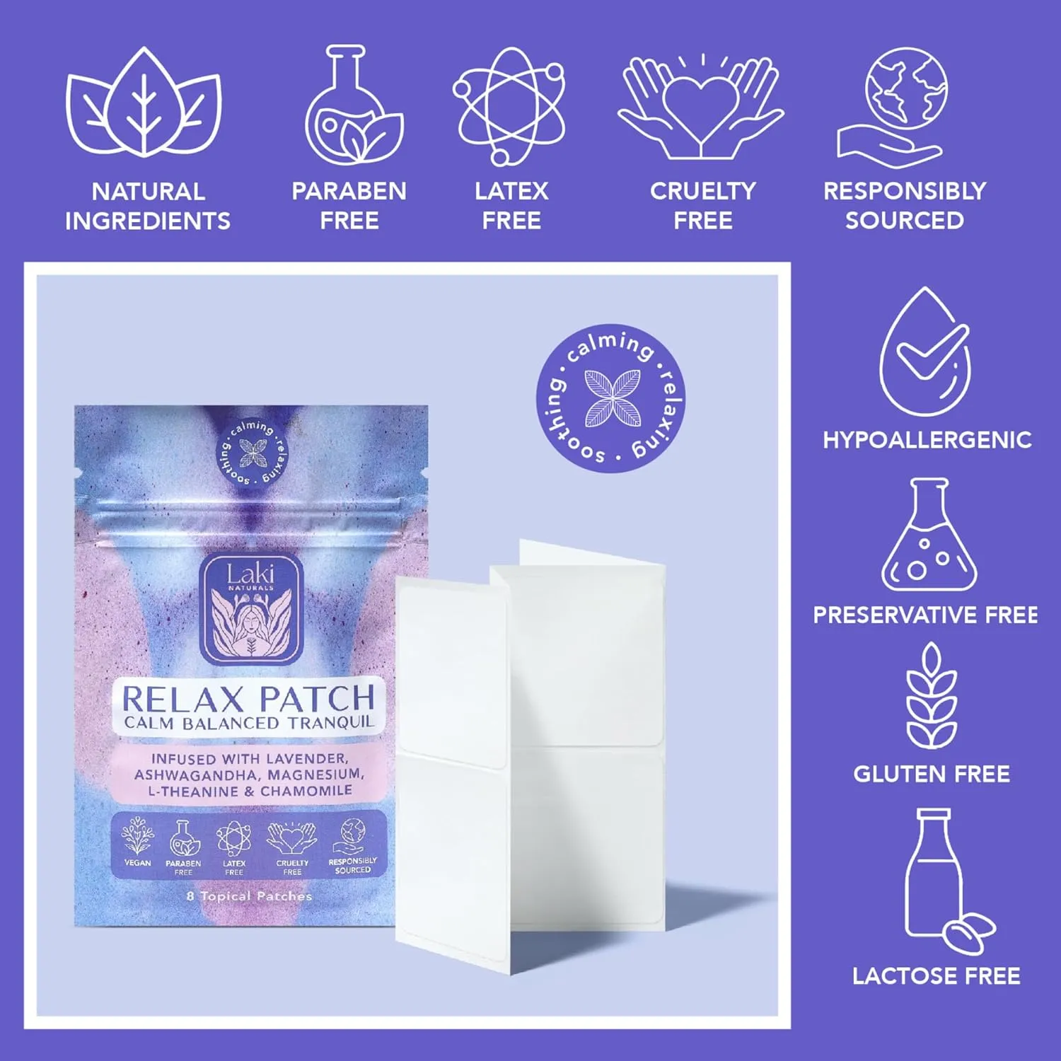 Laki Naturals Relax Patch (Pack of 8) | Natural Plant-Based Ingredients for Stress and Worry | Calming Formula for Better Sleep