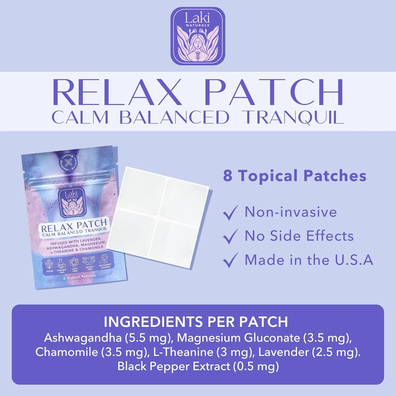 Laki Naturals Relax Patch (Pack of 8) | Natural Plant-Based Ingredients for Stress and Worry | Calming Formula for Better Sleep