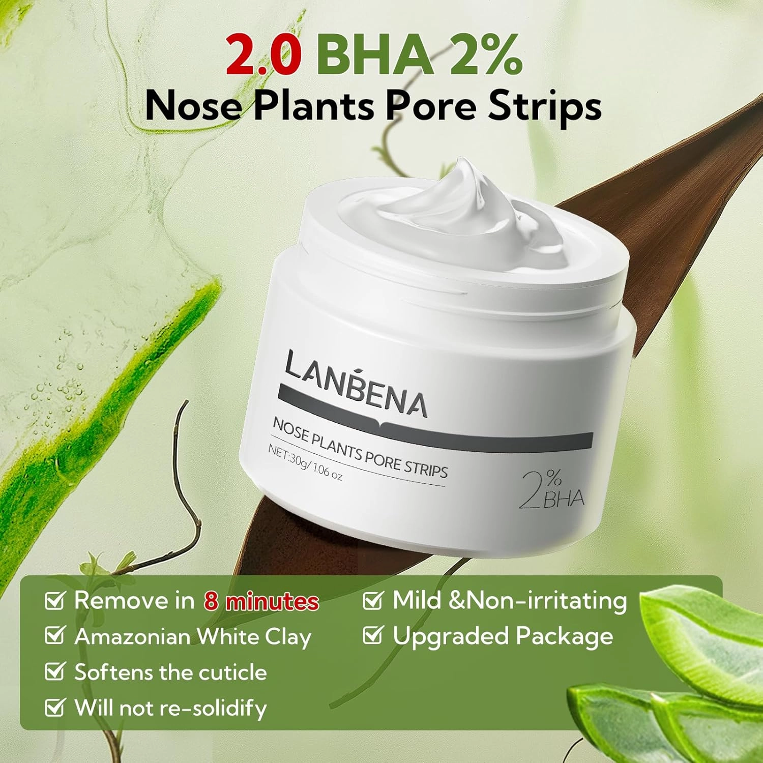 LANBENA 2 PCS Pore Strips, 2% BHA(Salicylic Acid) Nose Pore Strips 2.0   Bamboo Charcoal Blackheads Remover Peel off Mask 3.0, Plants Pore Cleanser Purifying, added Amazonian White Clay, Oil Contro