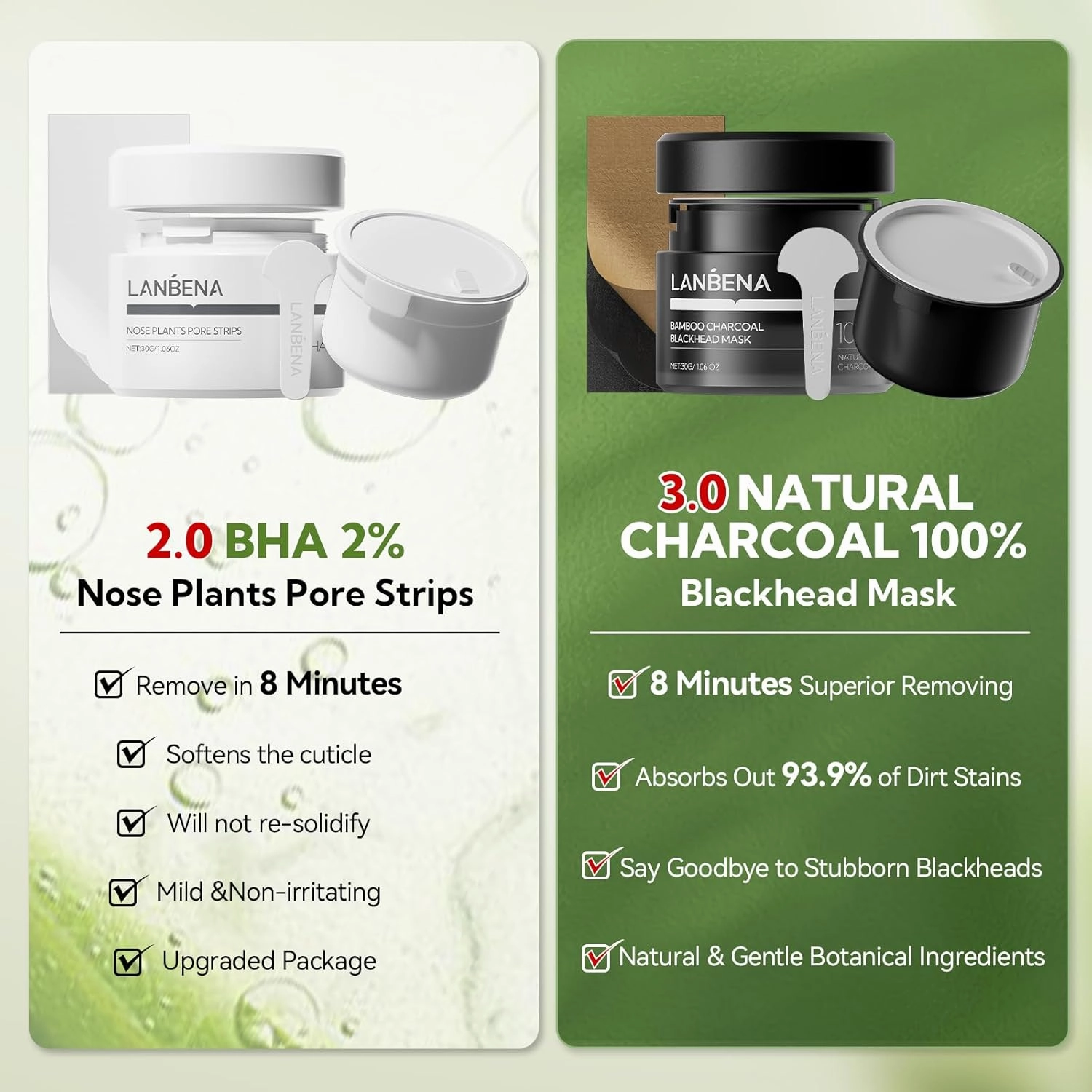 LANBENA 2 PCS Pore Strips, 2% BHA(Salicylic Acid) Nose Pore Strips 2.0   Bamboo Charcoal Blackheads Remover Peel off Mask 3.0, Plants Pore Cleanser Purifying, added Amazonian White Clay, Oil Contro