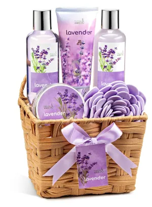 Lavender Bath and Body 6 Piece Gift Set in A Wicker Basket Calm & Relaxing Lavender Spa Gift Set for Women – Perfect Self-Care Gift for Holidays, Birthdays & Special Occasions