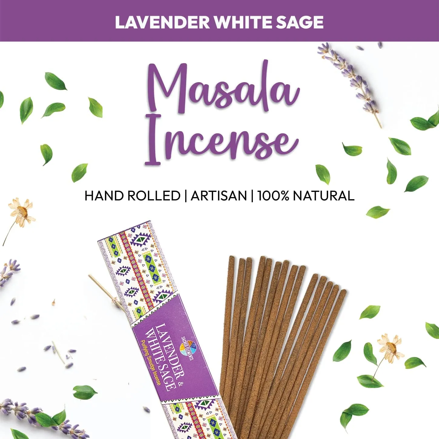 Lavender Incense Sticks with Sage - Masala Incense for Calming & Meditation Incense | Contains Earthy White Sage Incense, Perfect Housewarming or Fall Incense Sticks Gift (Inciensos Aromaticos)