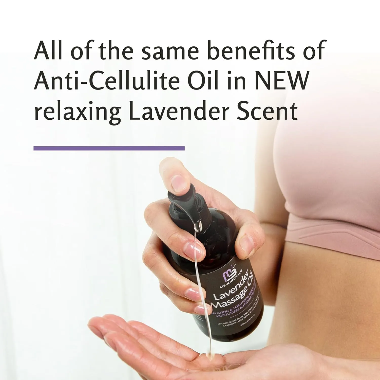 Lavender Massage Oil with Collagen and Stem Cells, Skin Tightening Therapy for Bum, Thighs, and Belly, Fast-Absorbing Cellulite Oil by M3 Naturals