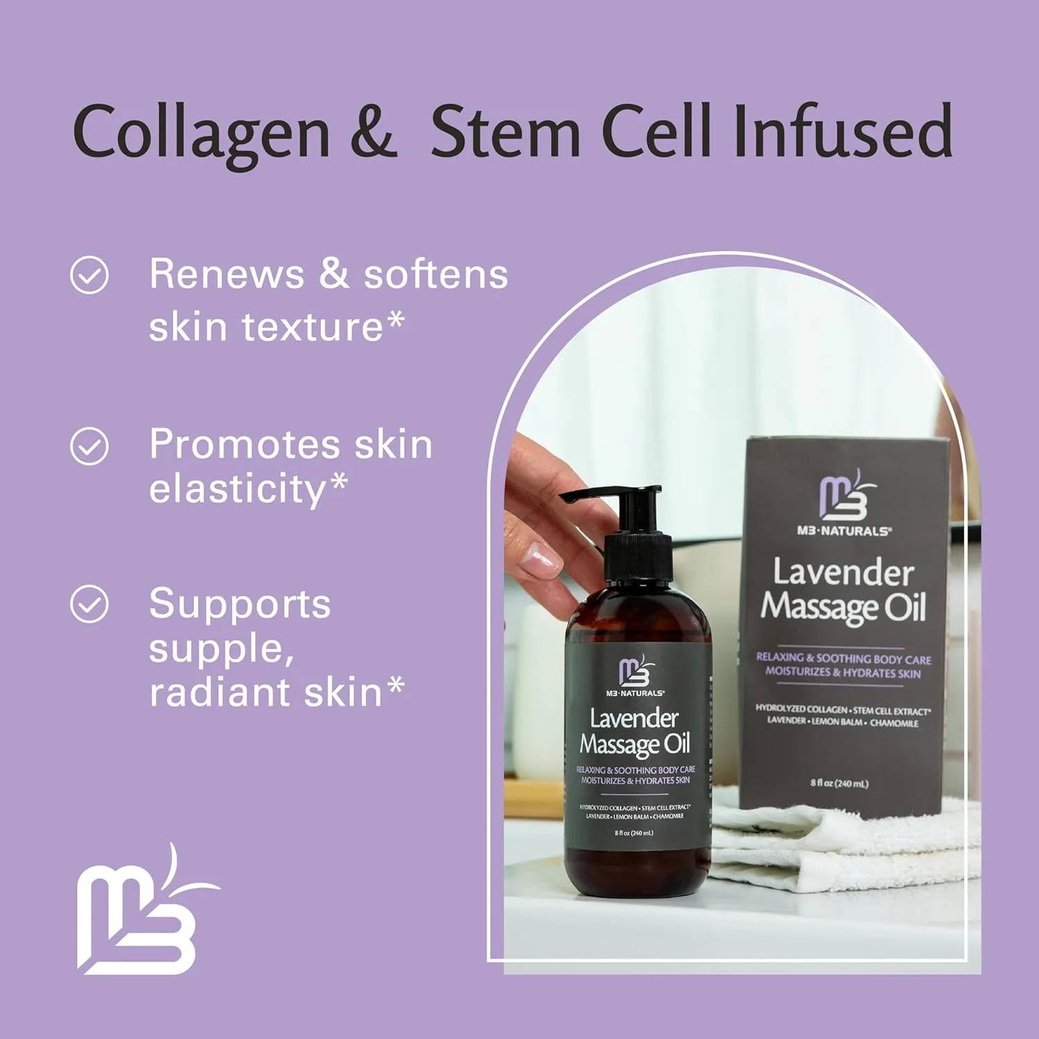 Lavender Massage Oil with Collagen and Stem Cells, Skin Tightening Therapy for Bum, Thighs, and Belly, Fast-Absorbing Cellulite Oil by M3 Naturals
