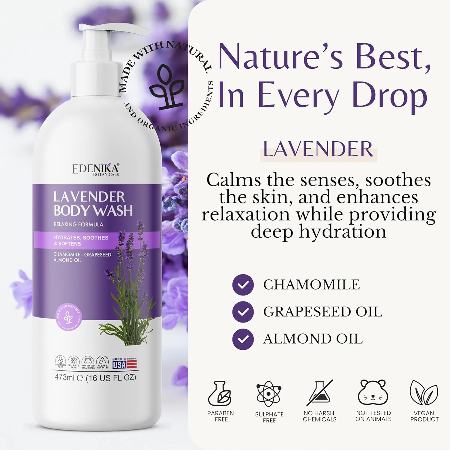 Lavender Oil Body Wash, Aromatic Shower Experience, Cleanses While Calming & Relaxing Your Senses, Stress Relief, Aids Sleep, For Dry, Sensitive, All Skin Types (16 fl oz, 2-Pack)
