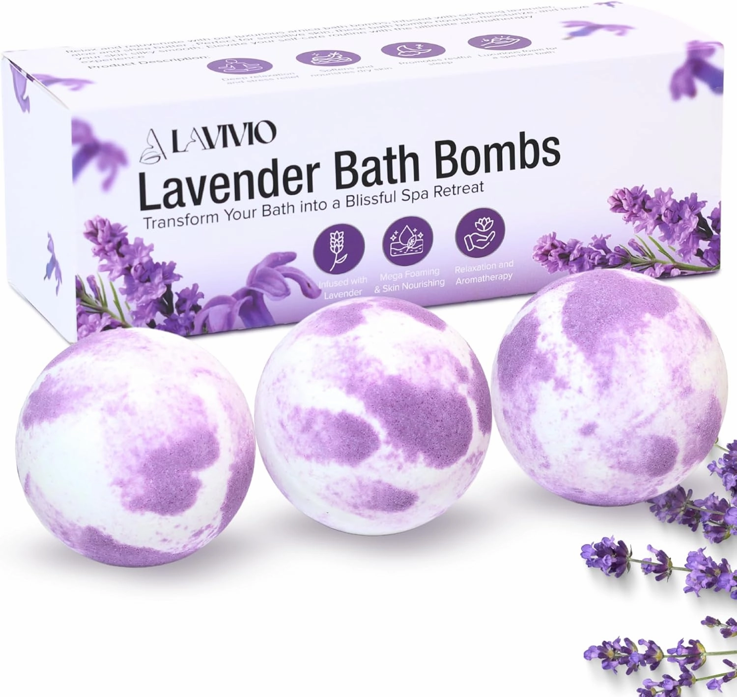 Lavender Bath Bombs for Women - Lavendar Bath Bomb with Shea Butter & Essential Oils - Mega Foaming, Relaxing, Moisturizing, for Stress Relief & Dry Skin - 3 x 100g - Gift Set