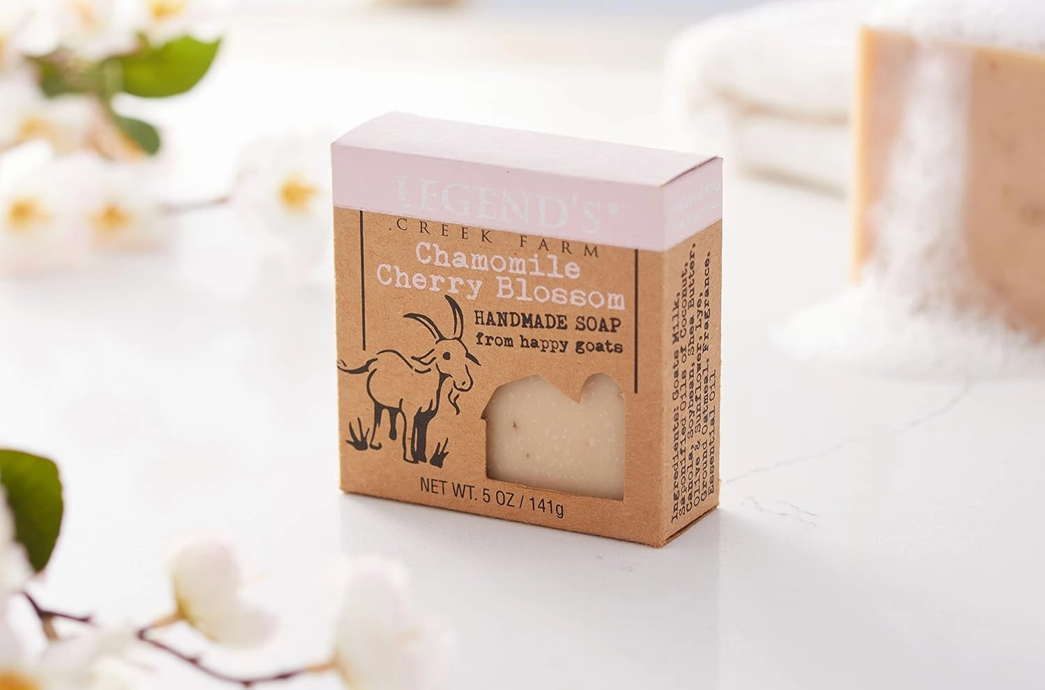 Legend's Creek Farm Goat Milk Soap - Cleansing Moisturizing Soap Bar for Hands and Body - 5 Oz Creamy Lather, Nourishing, Gentle Natural Soap for Sensitive Skin (Chamomile Cherry Blossom, Pack of 2)