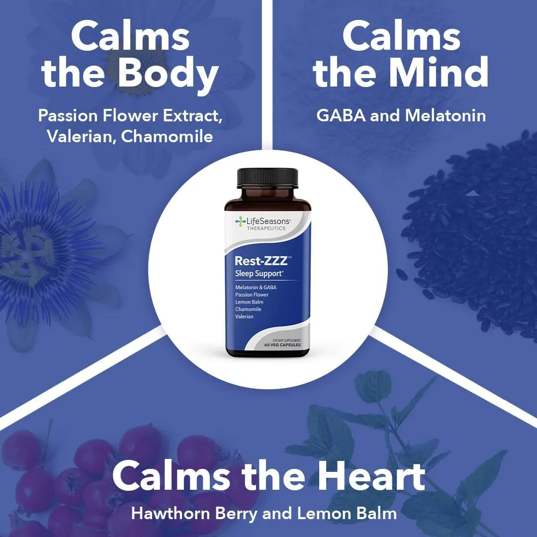 LifeSeasons Rest-ZZZ - Natural Sleep Support Supplement - Fall Asleep & Stay Asleep - Calms Nervous System - Ease Muscle Tension & Restlessness - Low Dose Melatonin GABA & Chamomile - 60 Capsules