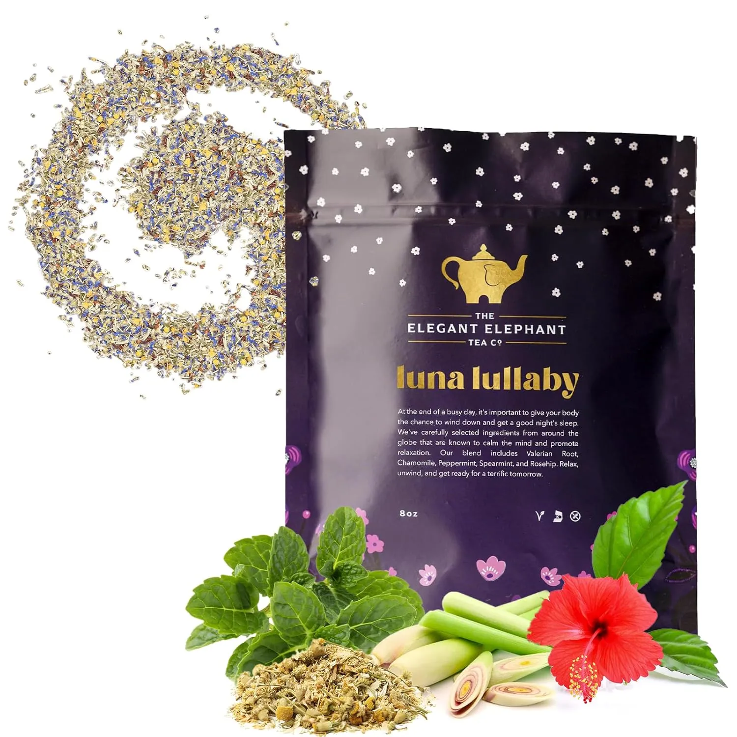 Luna Lullaby Sleep Tea – Loose Leaf Herbal Tea w/Chamomile, Valerian Root & Peppermint – Relaxation & Rest Support, Hot or Iced – Resealable 8oz Bag (Makes 100 Cups) – The Elegant Elephant